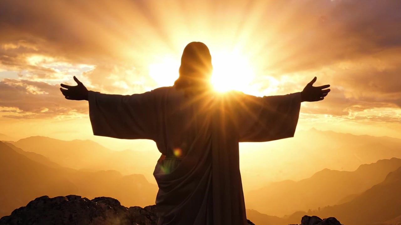 Una figura maestosa illuminata da un sole radioso, in piedi trionfante su una montagna, che simboleggia speranza, fede e risveglio spirituale in un paesaggio sereno.