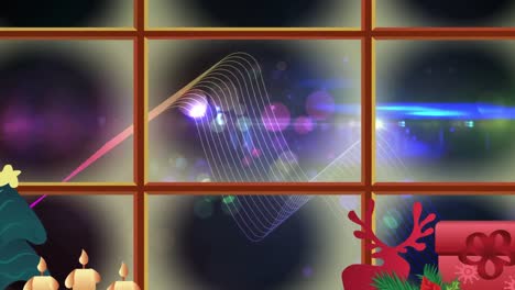 christmas concept icons and window frame against digital wave and spots of light on blue background