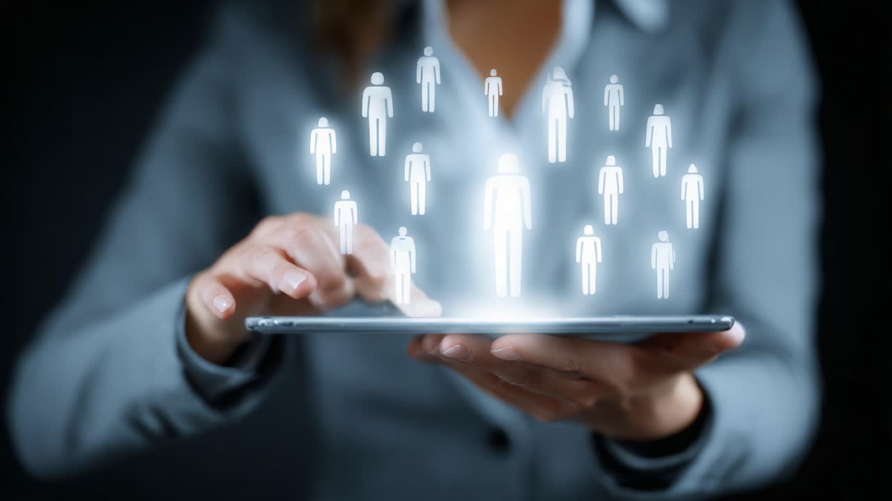 A professional woman interacts with digital representations of people, showcasing a blend of technology and connectivity in the modern digital workspace