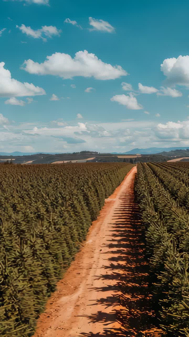 Vertical video: Hovering drone camera moving forward along track at farm, revealing evergreen rows