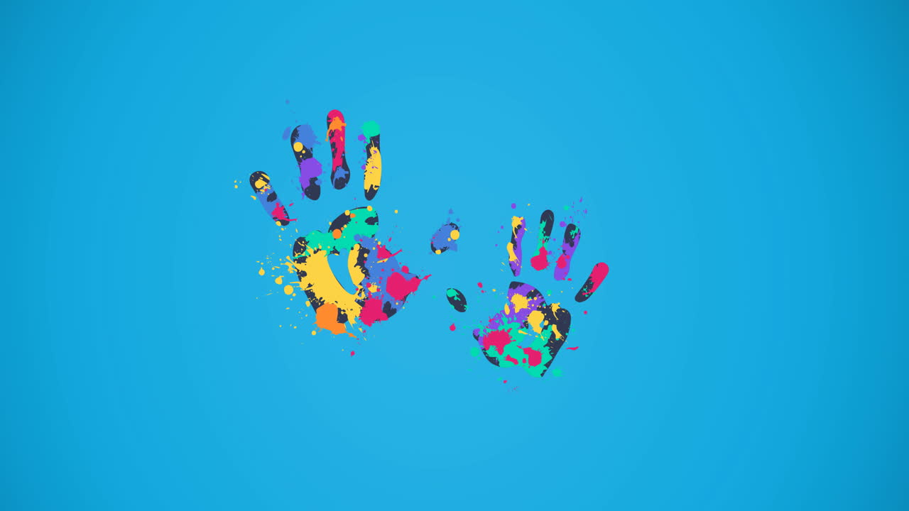Animation of coloured hands moving on blue background