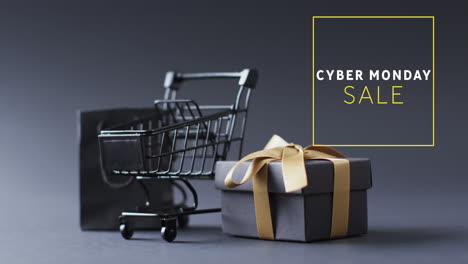 animación de venta de cyber monday texto sobre carrito de compras y regalos