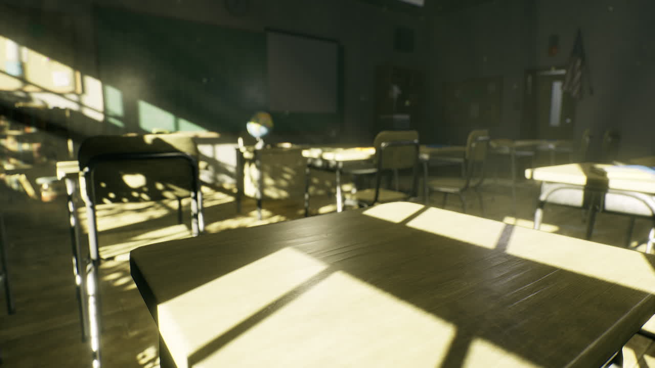 Bright classroom with chairs and desks illuminated by sunlight in afternoon