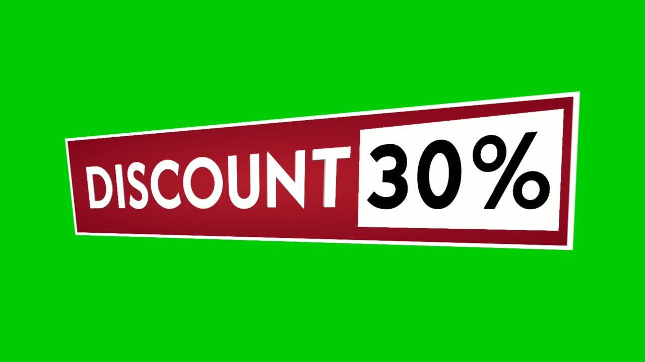 Sconto 30% testo percentuale animazione grafica in movimento su rettangolo rosso.