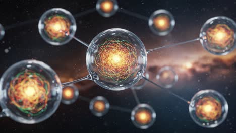 a fascinating glimpse into atomic structure: exploring the intricate connections of energy and matter through vibrant subatomic particles in a cosmic context