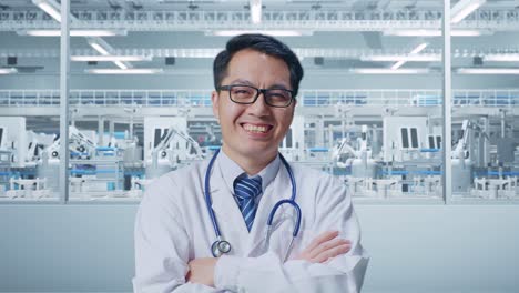アジア人の男性医師がステトスコープを持って腕を横切って実験室で微笑んでいる