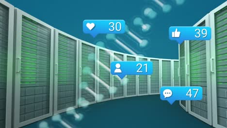 Animation-of-dna-strand,-social-media-icons-over-computer-servers