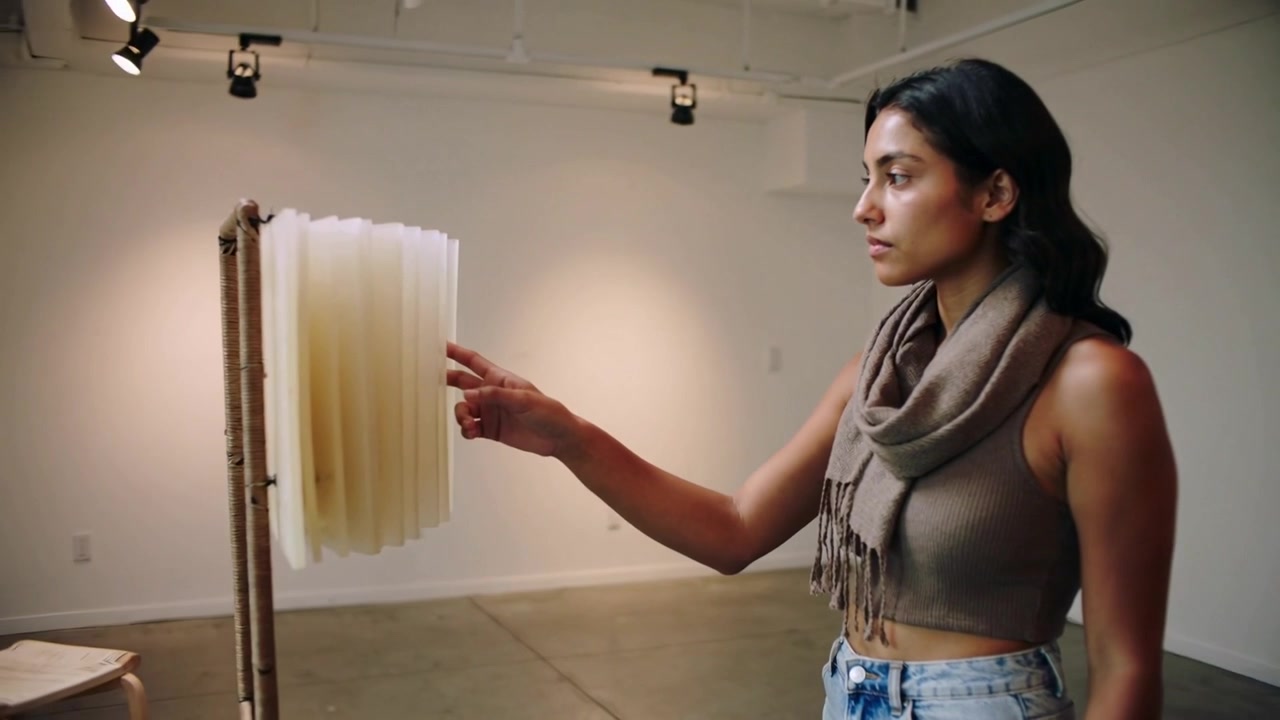 Donna che si avvicina con un top corto che tocca lenzuola appese, studiando un'installazione in galleria, spazio per il testo