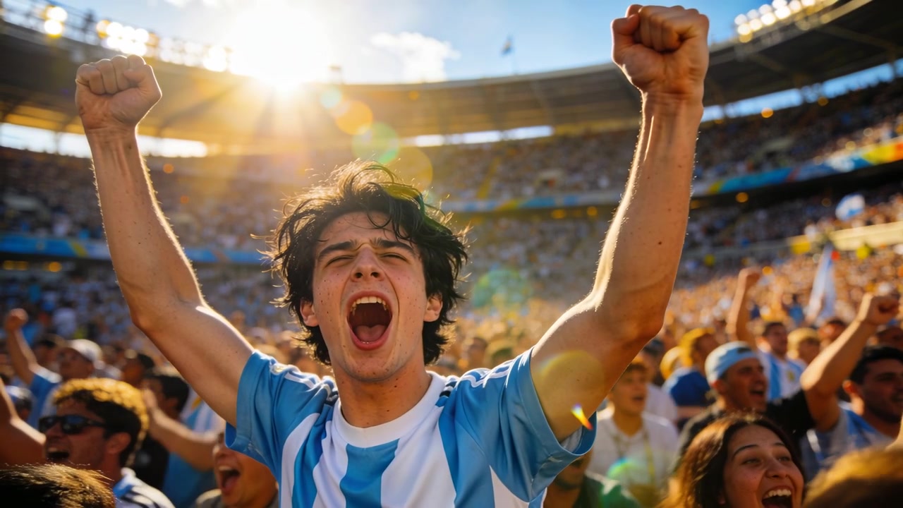 Aficionado masculino gritando con camiseta a rayas azules y blancas, levantando los puños tras un gol en el estadio, con banderas.