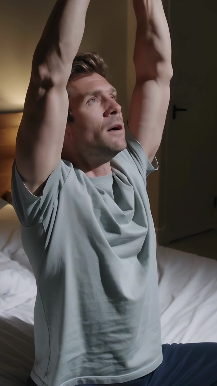 Video verticale: Uomo adulto che si allunga in maglietta e pantaloni, alzando le braccia sul letto, con lampada da comodino.