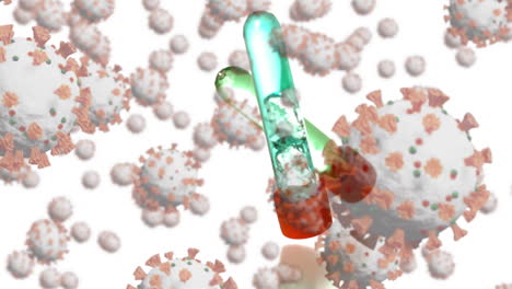 animación de células de coronavirus que se propagan sobre tubos de ensayo sobre un fondo blanco.