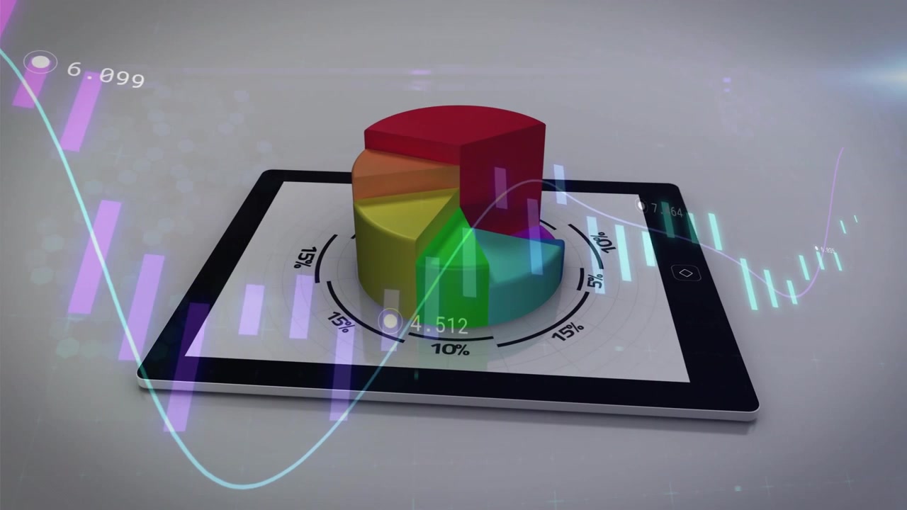 Superposición holográfica flotando sobre una tableta, comenzando con un gráfico circular 3D que se eleva con sectores que se expanden, mostrando métricas