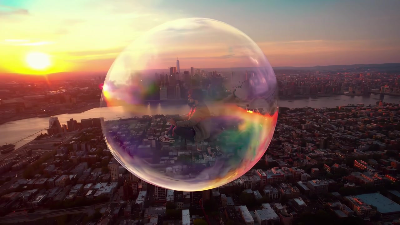 Homem Meditando Dentro de uma Bolha Gigante Flutuante Sobre uma Cidade ao Pôr do Sol