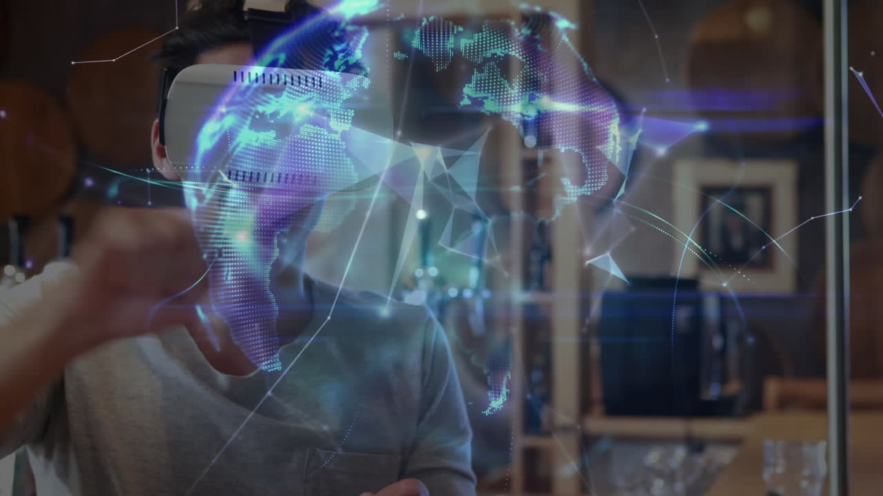 Animation of network of connections and globe over businessman wearing vr headsets