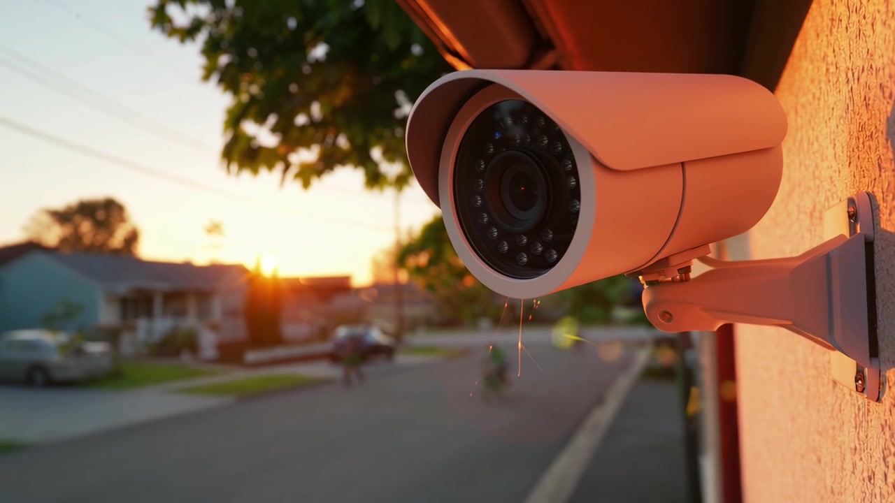 Modern Security Camera Monitoring a Suburban Street at Sunset