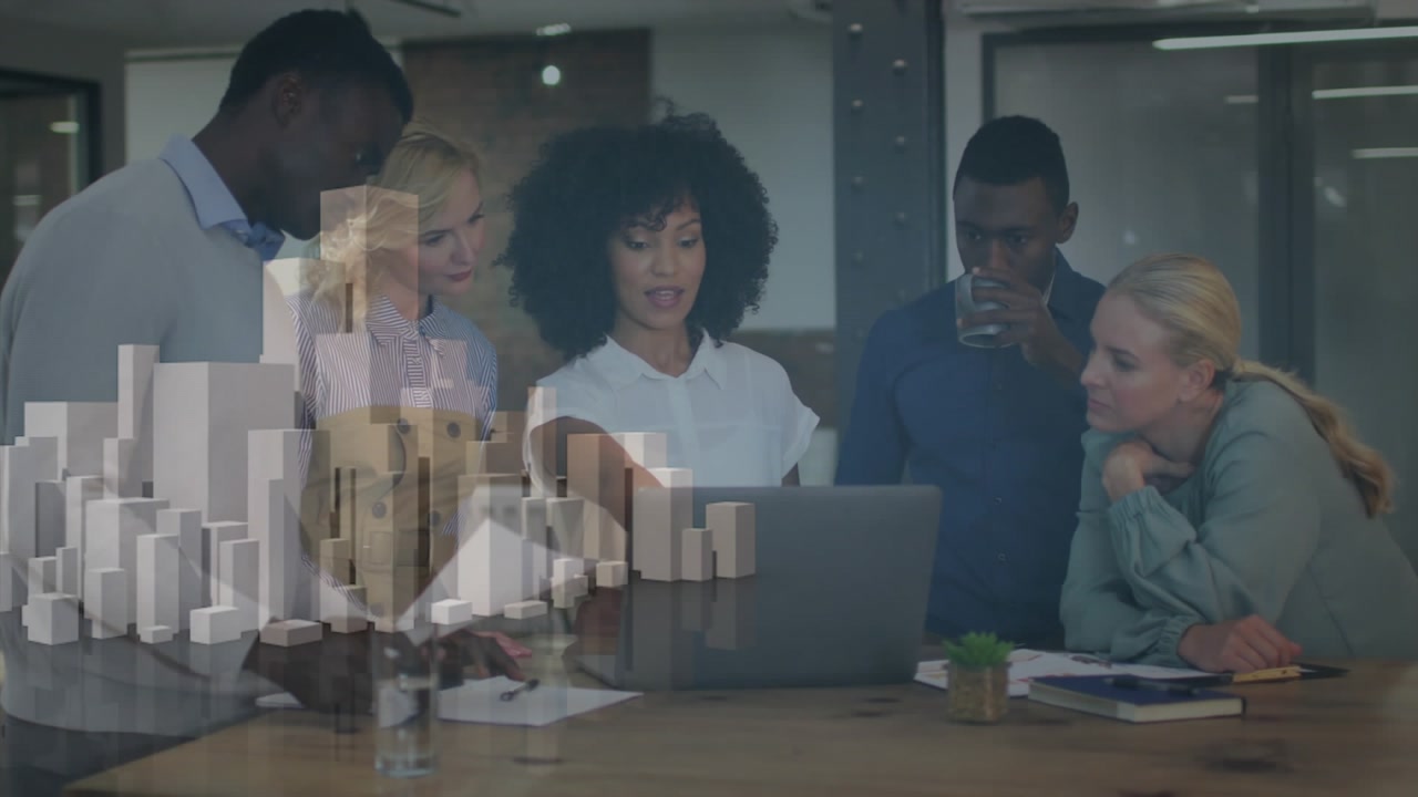 Animation of cityscape over business people in office
