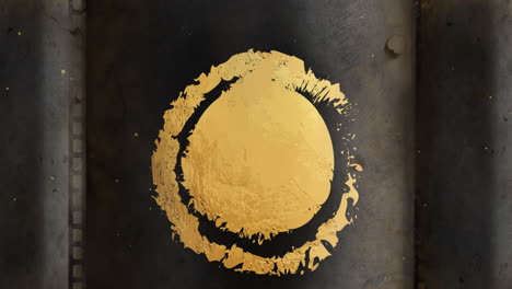 animación de un círculo de oro angustiado y un diseño de anillo en negro con nieve cayendo