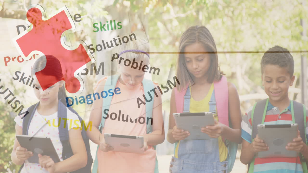 전자 기기를 사용하는 아이들의 친구들에 대한 자폐증 텍스트의 애니메이션