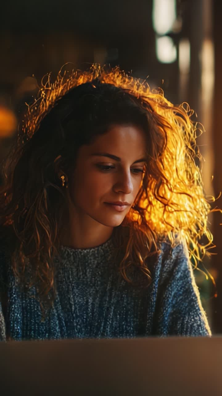 Ritratto accattivante di una giovane donna con capelli ricci, immersa nei suoi pensieri, illuminata da una calda luce naturale in un ambiente accogliente