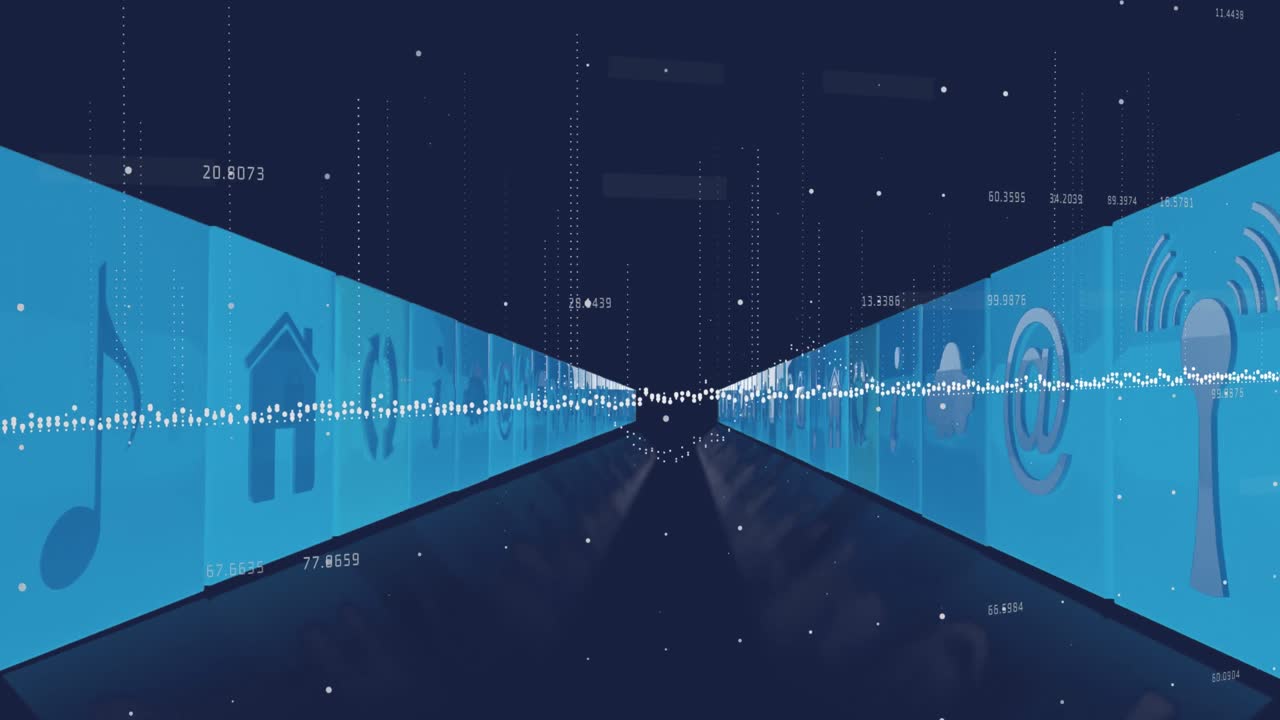 다중 디지털 아이콘을 통해 데이터 처리의 애니메이션, 검은색 배경에 원활한 패턴