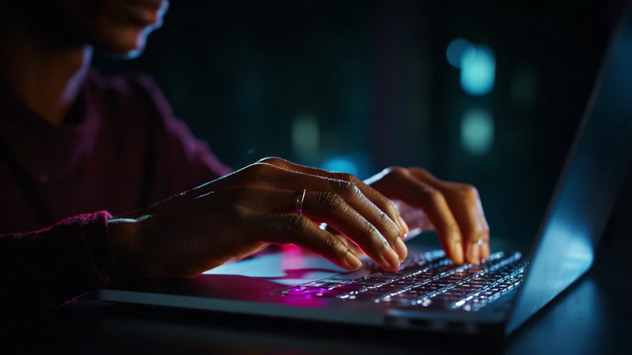 Engaged in Digital Creation: A Close-Up View of Hands Typing on a Laptop Keyboard at Night, Illuminating the Surrounding Darkness with a Soft Glow from the Screen and Ambient Light