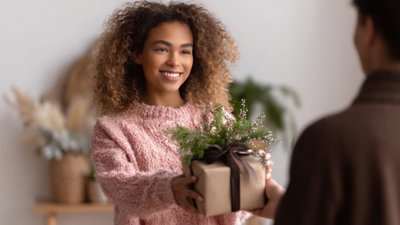 A joyful exchange of a beautifully wrapped gift between two people, capturing a moment of happiness and connection in a cozy, inviting setting