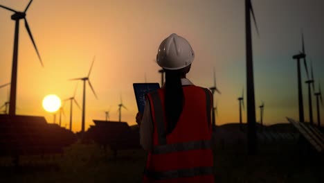 back view of asian female engineer in a helmet standing in front of wind turbines rotating at sunset, looking at the wind turbine blueprint on the tablet and looking around