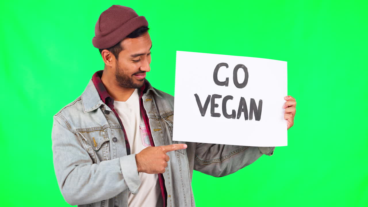 Schermo verde, indicazione e uomo con una scritta 'go vegan'