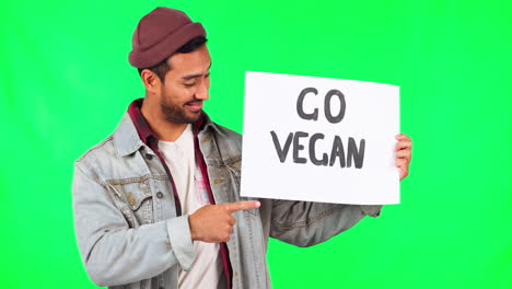 green screen, pointing and man with a go vegan