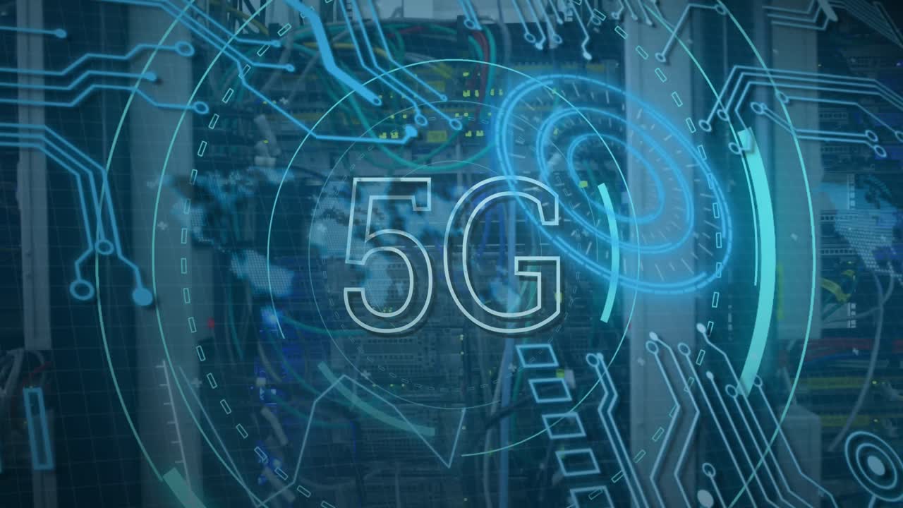 animazione della scansione dello scope con elaborazione di testo e dati 5g sulla sala server