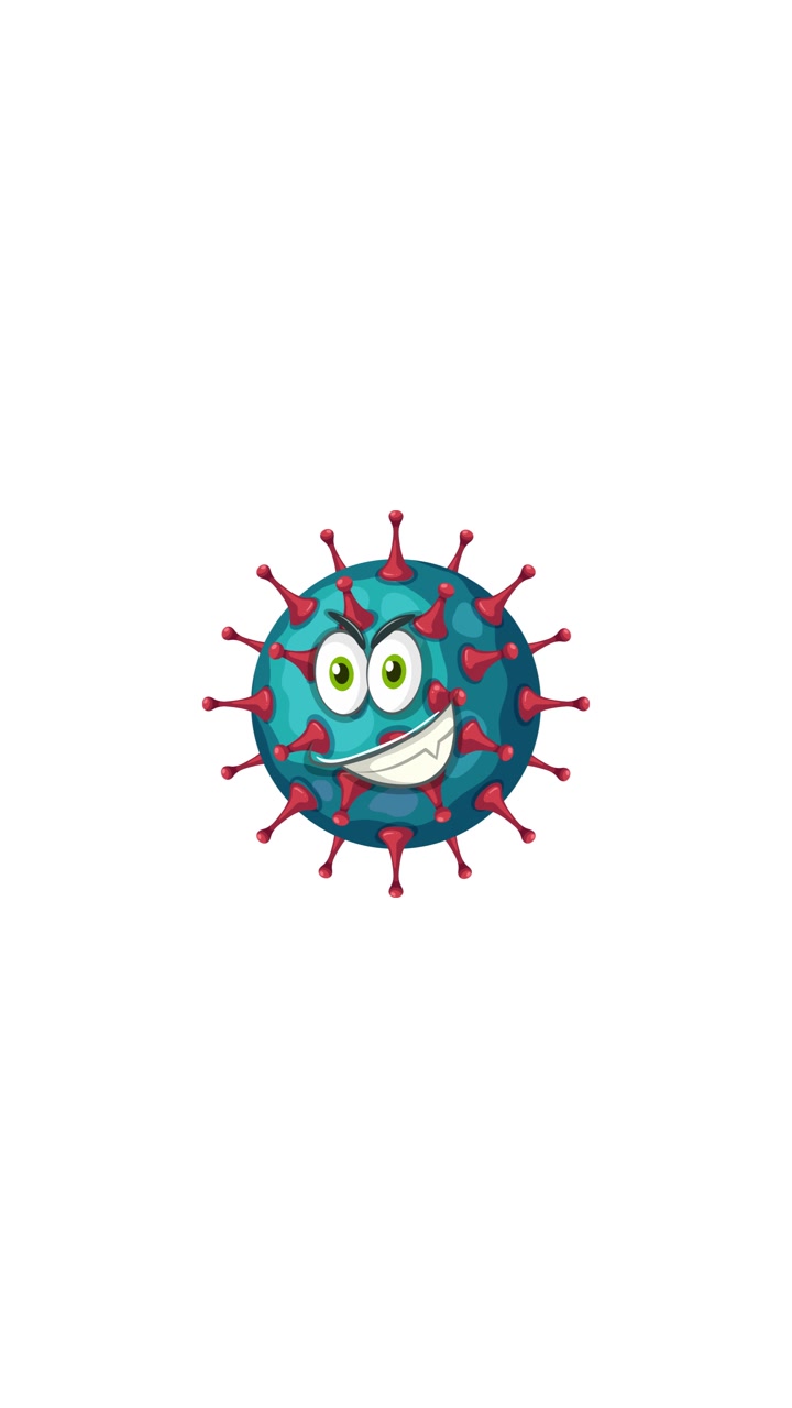 En dynamisk animation af en tegneserie-virus, der udvider sig og eksploderer i farverige fragmenter med levende overgange.