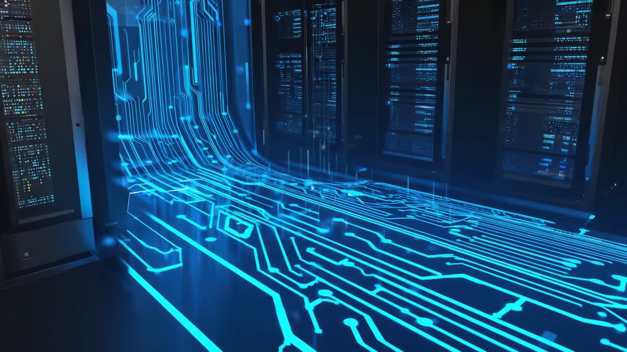 Data Center Server Room with Glowing Circuit Board Design