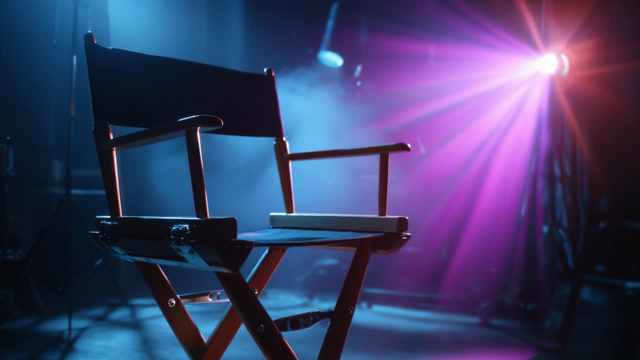 A Cinematic Director's Chair Under Dramatic Lighting with Colorful Stage Spotlights and Atmospheric Fog Creating an Artistic Scene for Filmmaking Enthusiasts