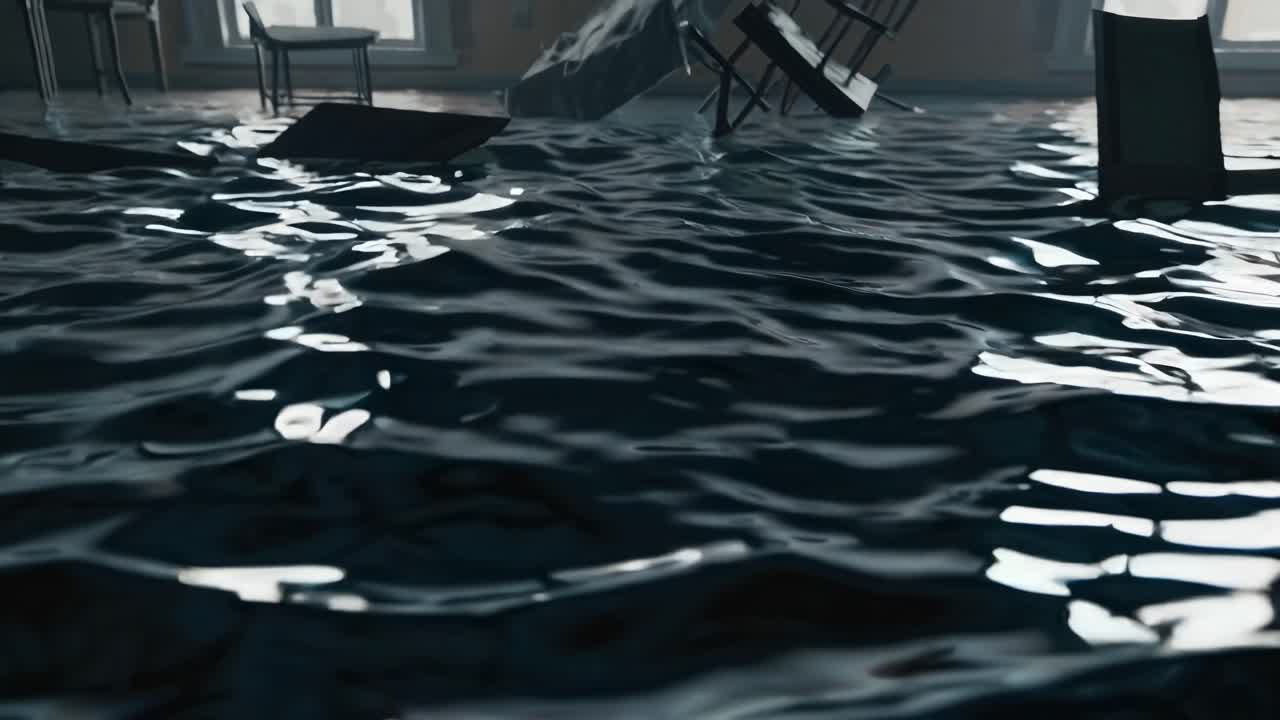 Water covers the floor of a domestic room, furniture floats on the surface, and pieces of ice drift around, creating a scene of surreal domestic flooding