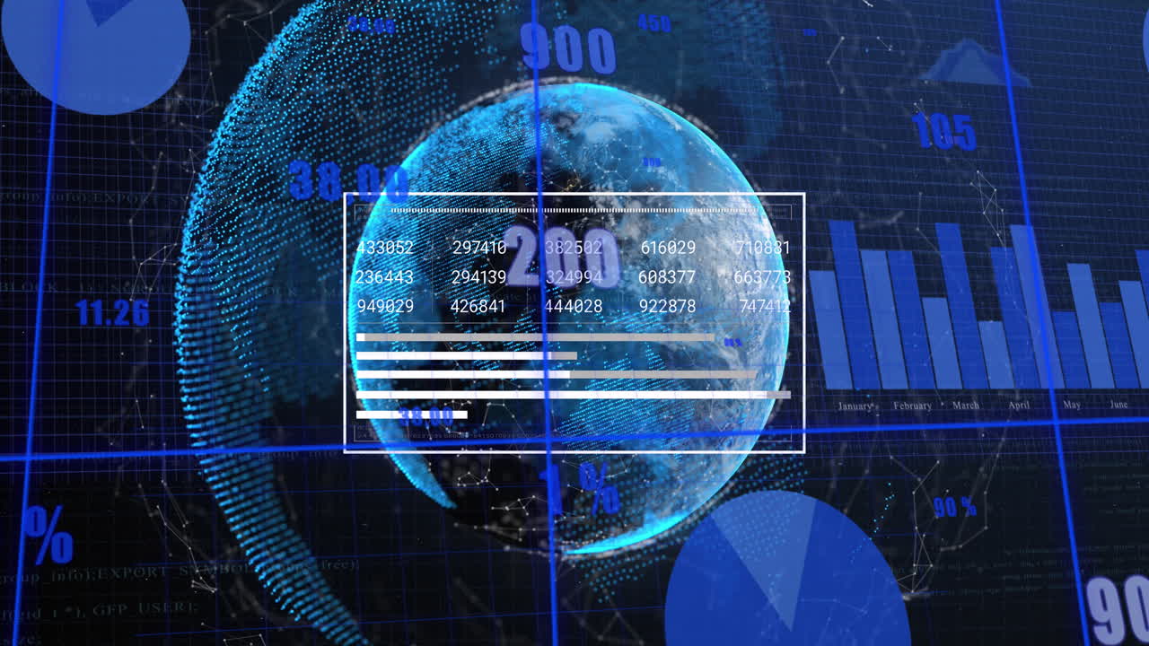 animación de números cambiantes, gráficos y murciélagos sobre puntos conectados alrededor de globos