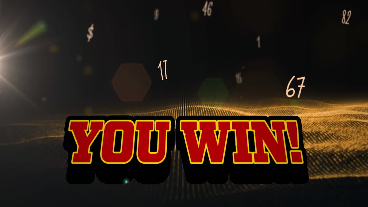 You win text over multiple numbers floating and golden digital wave against black background