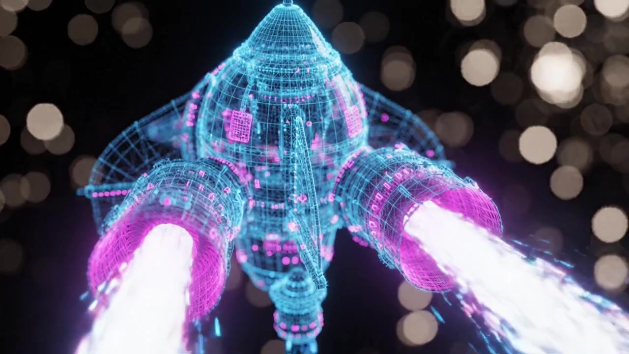 未来的なロケット打ち上げシーケンスのダイナミックな3Dビジュアライゼーション。鮮やかな色彩と高精細なグラフィックで先進技術を動的に表現。