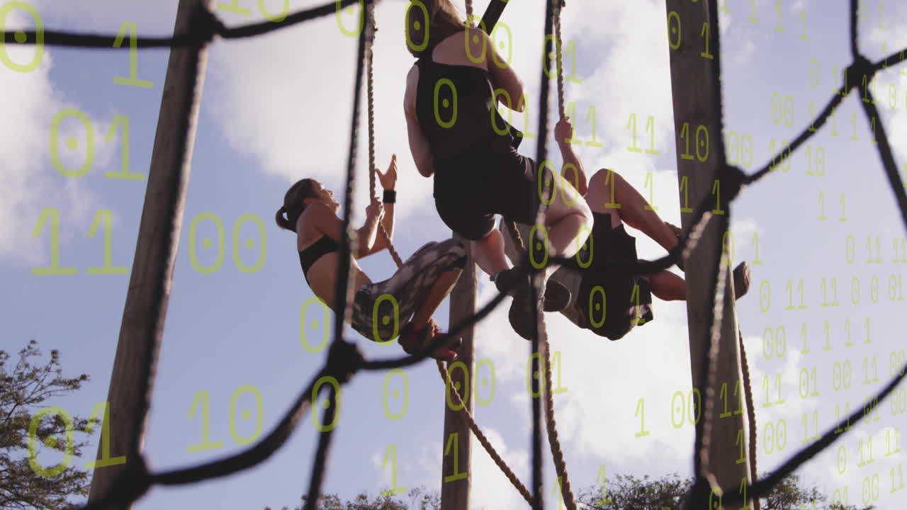 Climbing ropes, people with binary code overlay, focusing on teamwork and technology