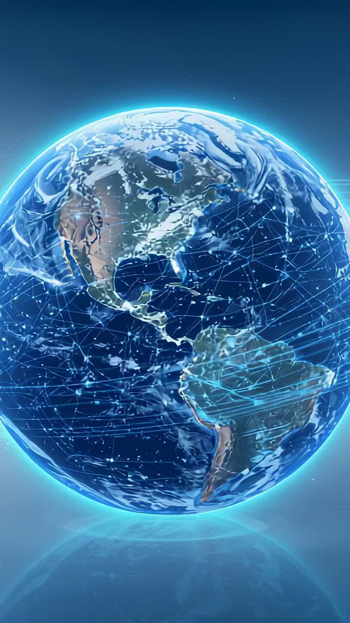 Vídeo vertical: animação inicial, globo girando no espaço, mostrando borda ciano, nuvens, fluxo de dados