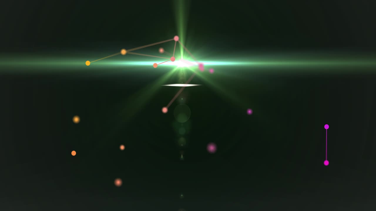 Green flare sweeping left causing colored nodes connecting and converging into warm cluster