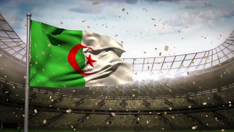 animation of camera flashes and confetti falling over waving algeria flag against sports stadium