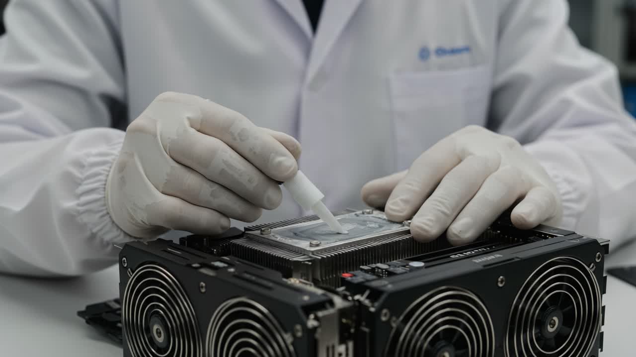 A technician meticulously applies thermal paste to a high-performance graphics card in a clean lab environment, showcasing precision in computer hardware maintenance