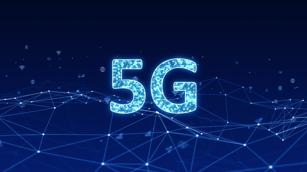 motion graphic del logo blu digitale 5g con connessione a linea e tecnologia futuristica icona levitazione su sfondo astratto concetto video a ciclo senza cuciture