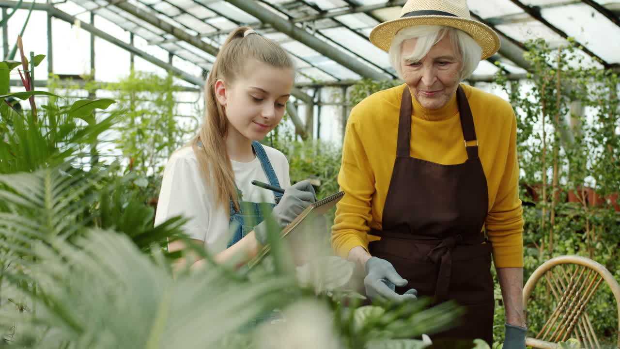 Grandmother and granddaughter working in a greenhouse