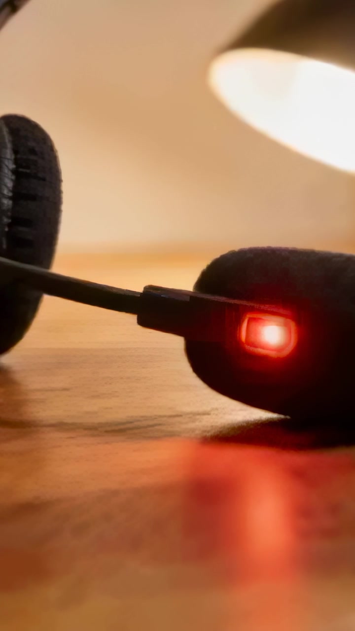 Vertical video: Powering headset mic emitting red LED glow on wooden desk in room, foam windscreen