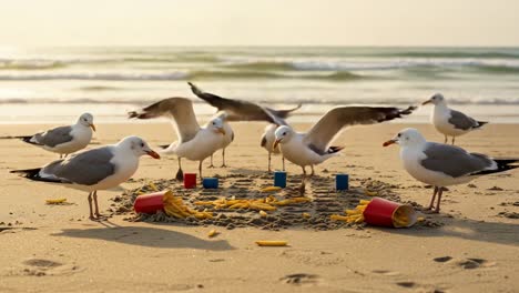 a gathering of seagulls at the beach: enjoying snacks and playful moments in the golden light of sunset with colorful detritus and a picturesque backdrop