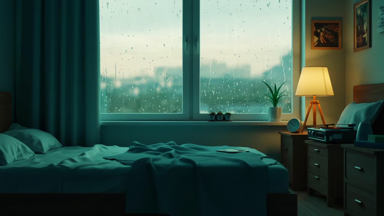 A Cozy Bedroom with Rainy Views: Embracing the Tranquility of a Rainy Evening Through Large Windows and Soft Lighting