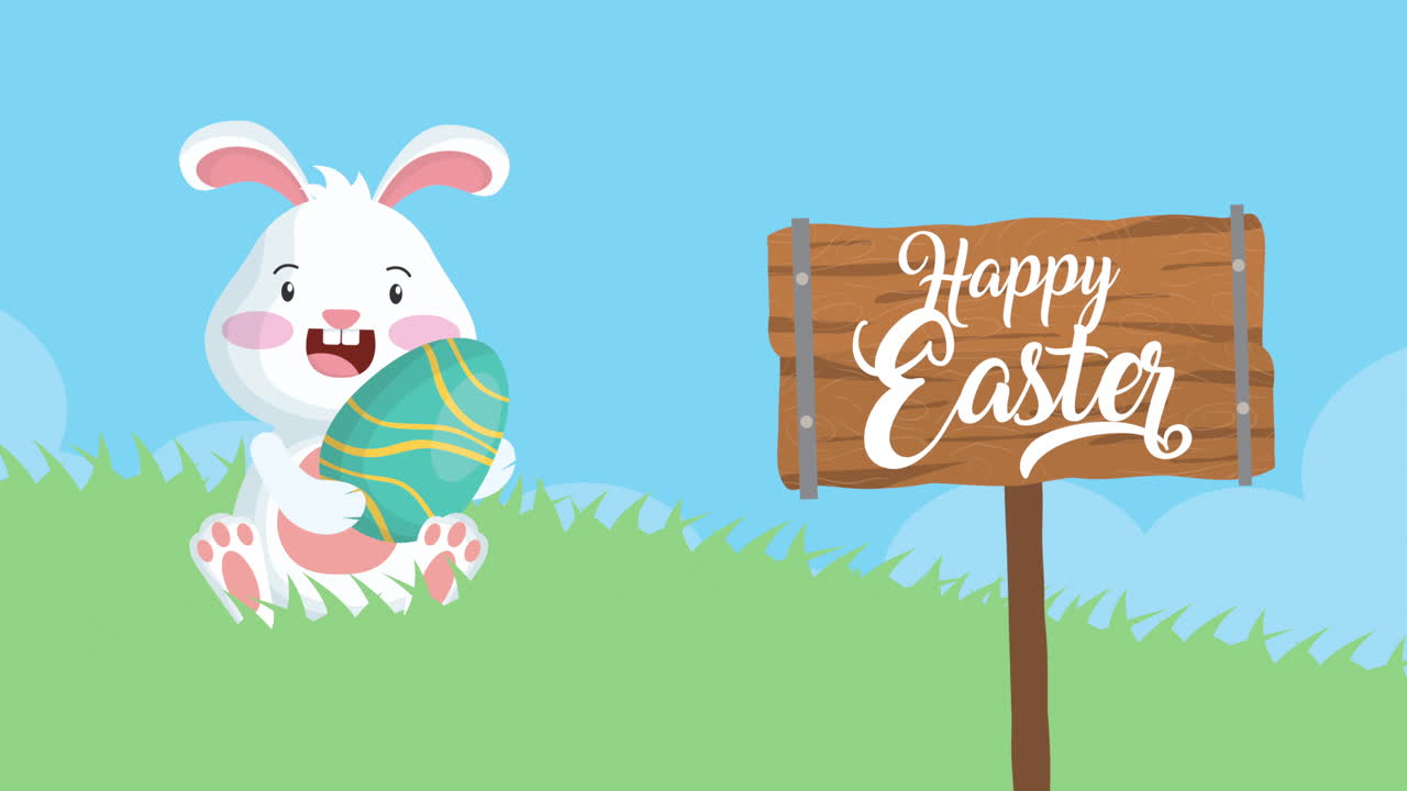 buona pasqua carta animata con coniglio e uova dipinte nel campo
