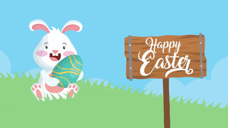 happy easter animated card with rabbit and eggs painted in field