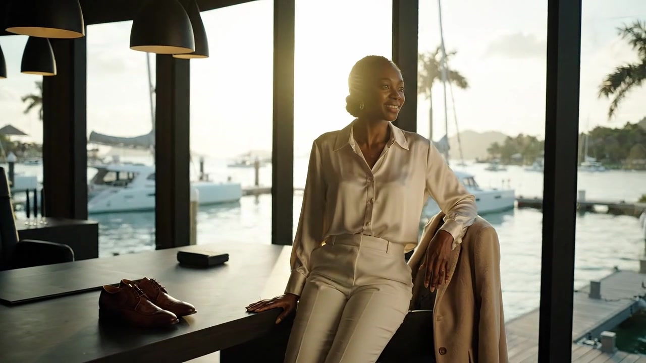Uma mulher confiante em um traje elegante exala elegância e compostura junto à água, iluminada pelo brilho quente do pôr do sol em um ambiente de escritório moderno e panorâmico